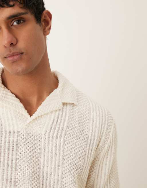 ASOS DESIGN relaxed polo shirt with camp collar in cream texture