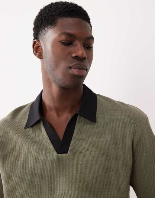ASOS DESIGN relaxed polo shirt with notch collar in khaki-green