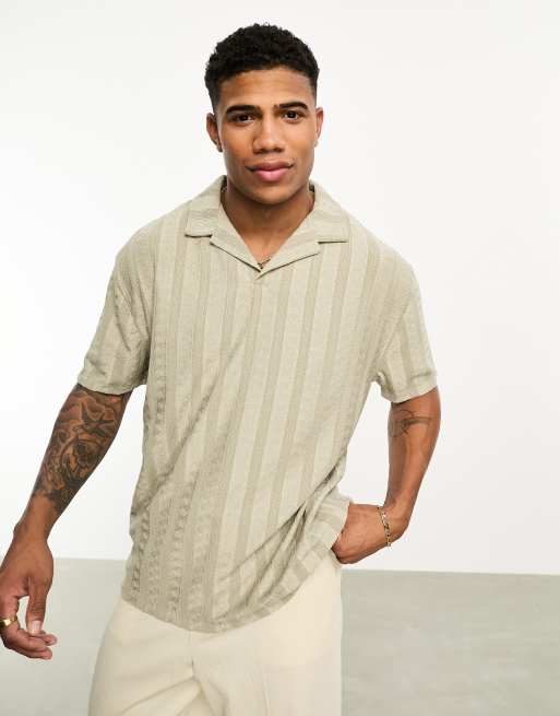 ASOS DESIGN relaxed polo shirt with revere collar in khaki sheer texture