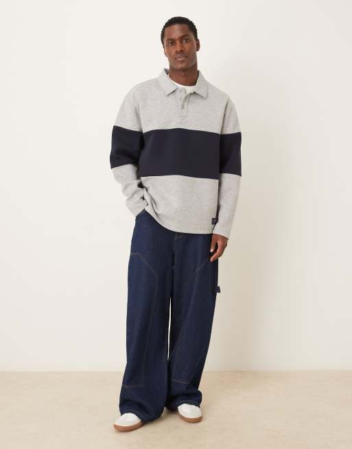 ASOS DESIGN relaxed polo sweatshirt with color blocking and woven label in heather gray