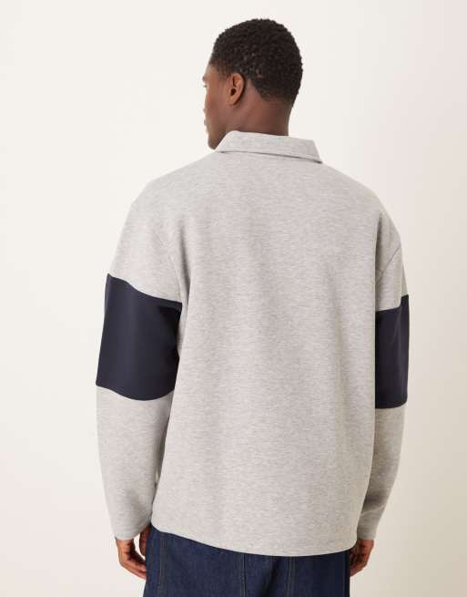 ASOS DESIGN relaxed polo sweatshirt with color blocking and woven label in heather gray