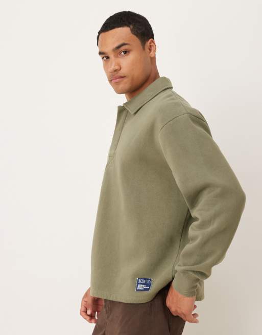 ASOS DESIGN relaxed polo sweatshirt with woven label badge in khaki, 4 of 5