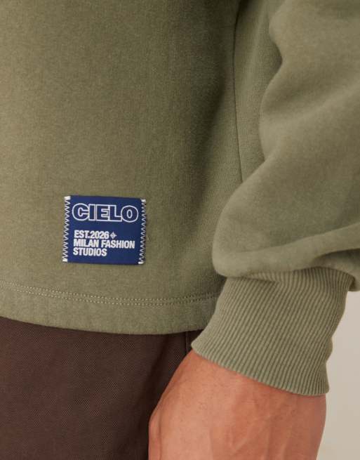 ASOS DESIGN relaxed polo sweatshirt with woven label badge in khaki, 5 of 5