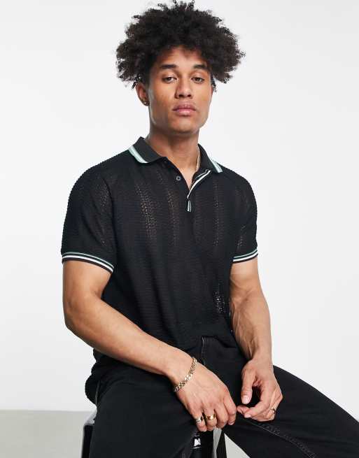 ASOS DESIGN relaxed polo t-shirt in black lace with collar tipping , 2 of 4
