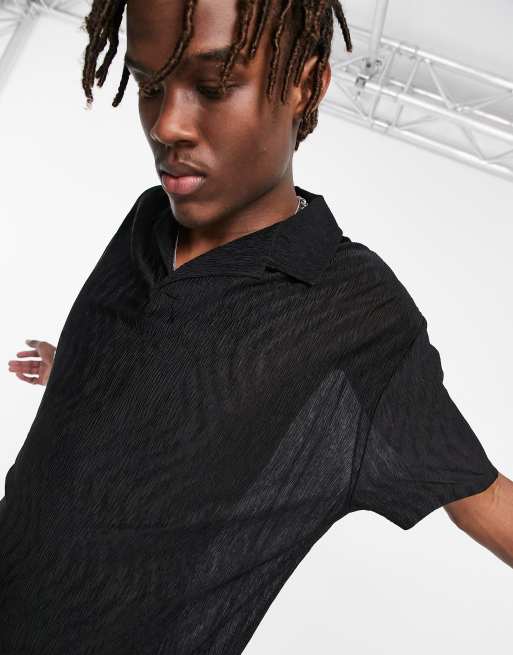 ASOS DESIGN relaxed polo t-shirt in textured black with revere collar, 3 of 4