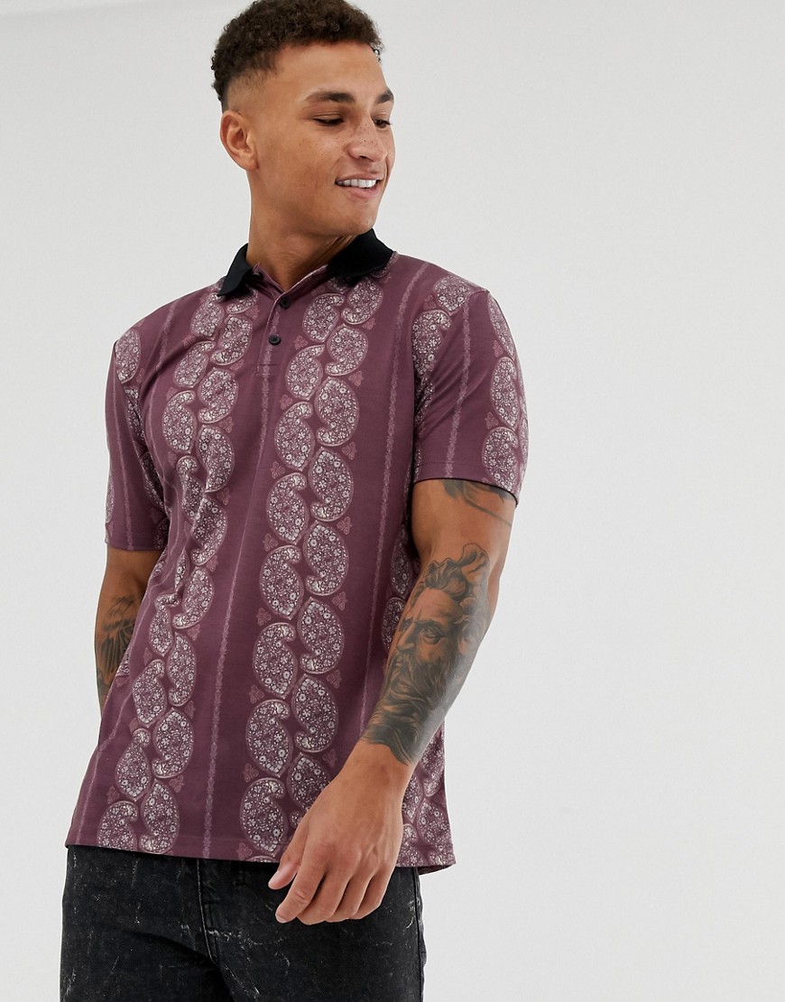 ASOS DESIGN relaxed polo with all over paisley print and contrast collar-Purple