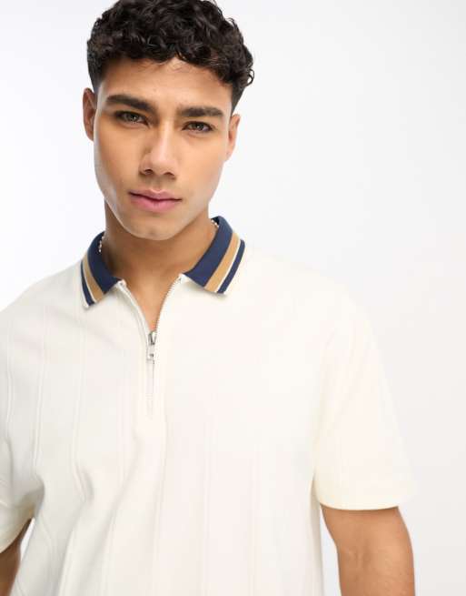 ASOS DESIGN relaxed polo with bomber neckline and contrast placket in beige