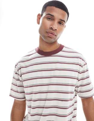 Asos Design Relaxed Polo With Brown And Off White Stripe-multi In Purple