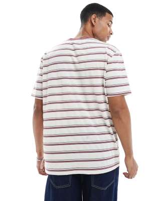 Asos Design Relaxed Polo With Brown And Off White Stripe-multi In Purple