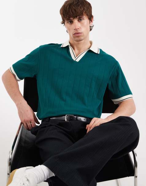 ASOS DESIGN relaxed polo with contrast collar in dark green wide rib