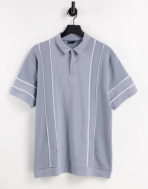 Polo shirts relaxed polo with cut and sew waffle panels and piping in grey blue 