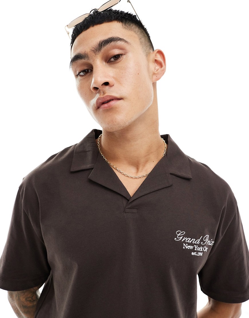 Asos Design Relaxed Polo With Embroidery In Brown