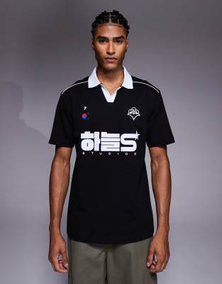 Asos Design Oversized Polo With Piping Detail And Sports Graphic In Black