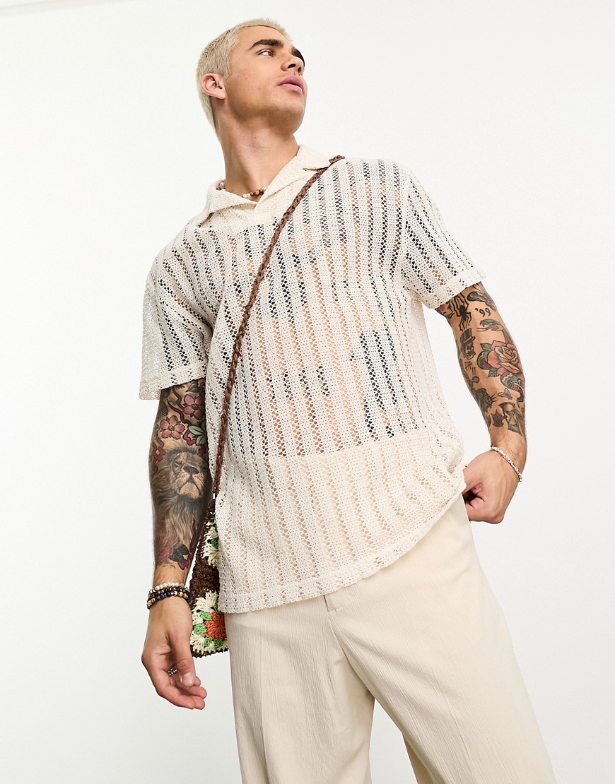 ASOS DESIGN relaxed polo with revere collar in beige crochet fabric-Neutral
