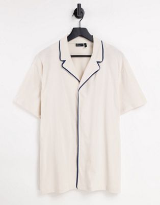 ASOS DESIGN relaxed polo with revere collar in stone with contrast piping