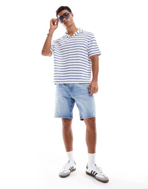 ASOS DESIGN relaxed polo with revere collar in textured blue and white stripe , 3 of 4