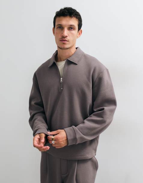 ASOS DESIGN relaxed poloshirt met lange mouwen in antracietgrijs - view 1