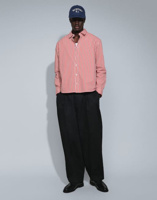 ASOS DESIGN relaxed poplin overhemd met strepen in rood, 2 van 7