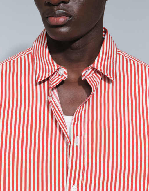 ASOS DESIGN relaxed poplin overhemd met strepen in rood, 3 van 7