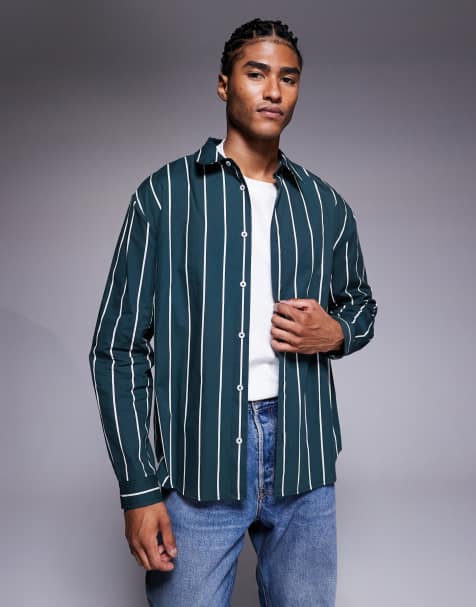 ASOS DESIGN relaxed poplin shirt in green stripes - view 1