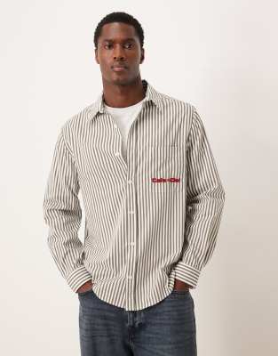 ASOS DESIGN ASOS DESIGN relaxed poplin shirt with chest embroidery in brown stripe