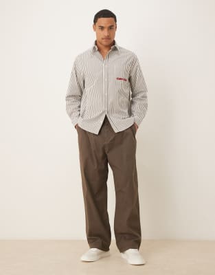 Asos Design Relaxed Poplin Shirt With Chest Embroidery In Brown