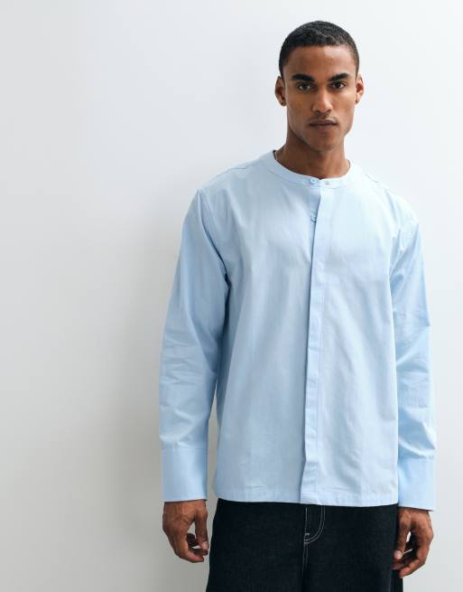 ASOS DESIGN relaxed poplin shirt with grandad collar in blue, 2 of 5