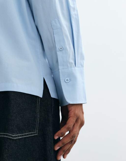 ASOS DESIGN relaxed poplin shirt with grandad collar in blue, 3 of 5
