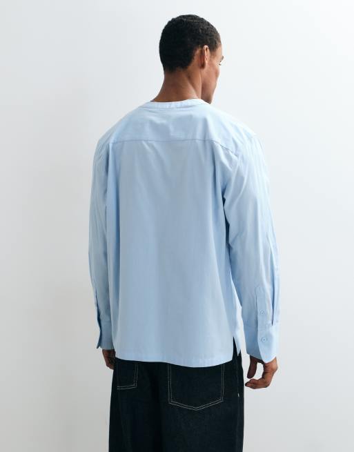 ASOS DESIGN relaxed poplin shirt with grandad collar in blue, 4 of 5