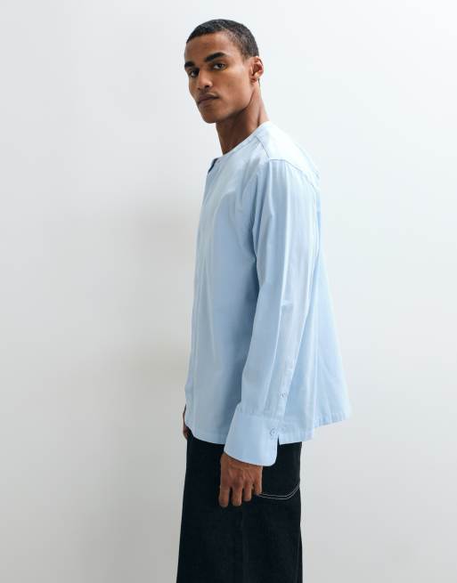 ASOS DESIGN relaxed poplin shirt with grandad collar in blue, 5 of 5