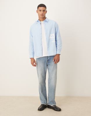 Asos Design Relaxed Poplin Shirt With Square Collar And Print In Blue
