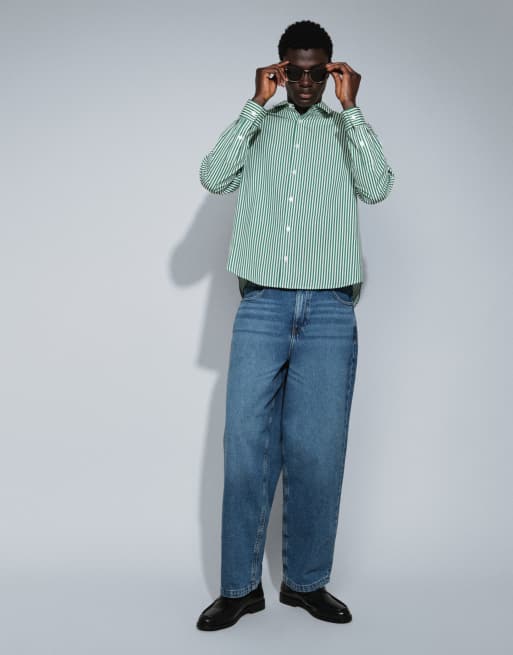 ASOS DESIGN relaxed poplin stripe shirt in green, 2 of 7