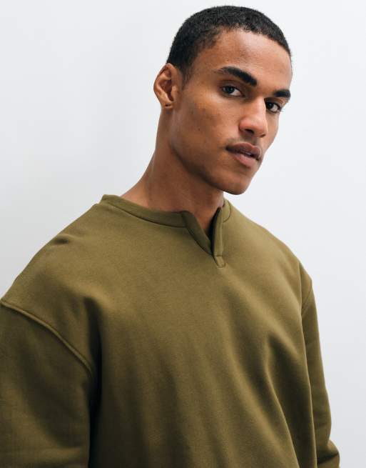 ASOS DESIGN relaxed premium pesante con scollo a girocollo con intaglio, kaki, 1 di 5