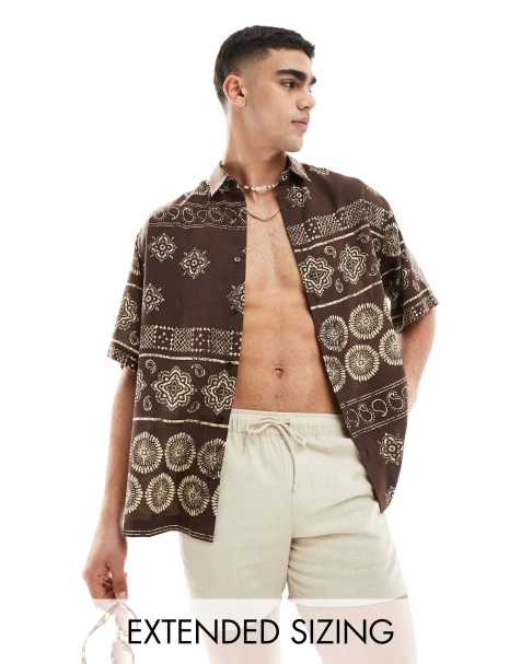ASOS DESIGN relaxed printed shirt in brown - BROWN - view 1