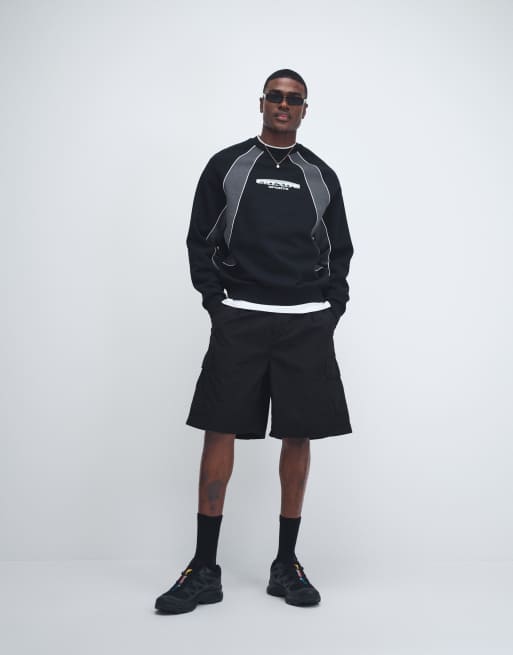 ASOS DESIGN relaxed printed sweatshirt with cut & sew panels in black, 2 of 7