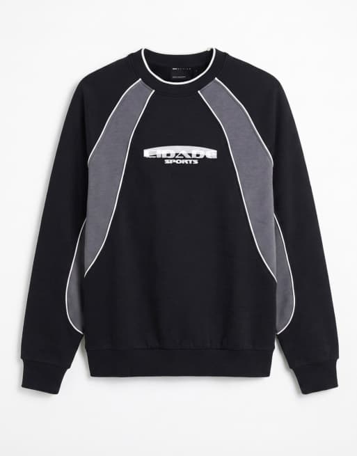 ASOS DESIGN relaxed printed sweatshirt with cut & sew panels in black, 6 of 7