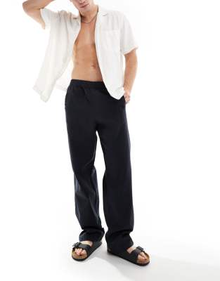 Asos Design Relaxed Linen Mix Chino Pants In Navy In Navy