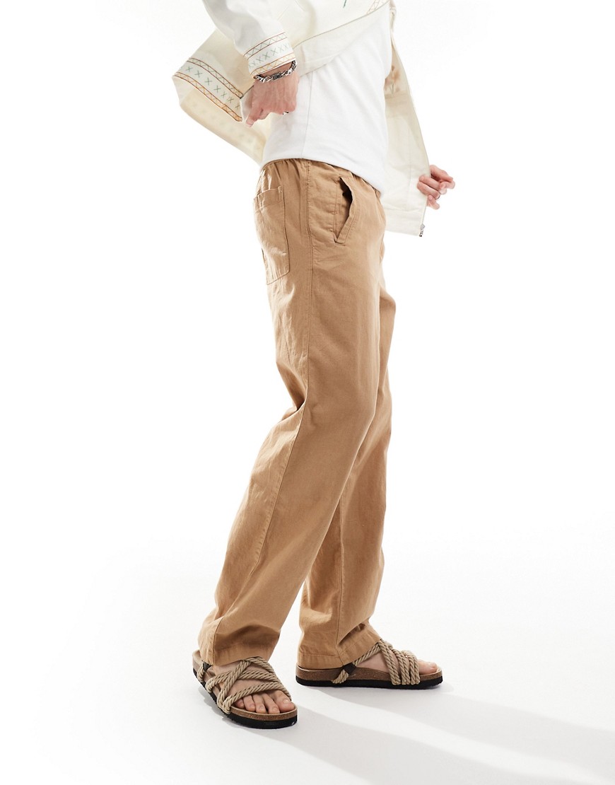 ASOS DESIGN relaxed pull on linen trouser in washed tan-Brown