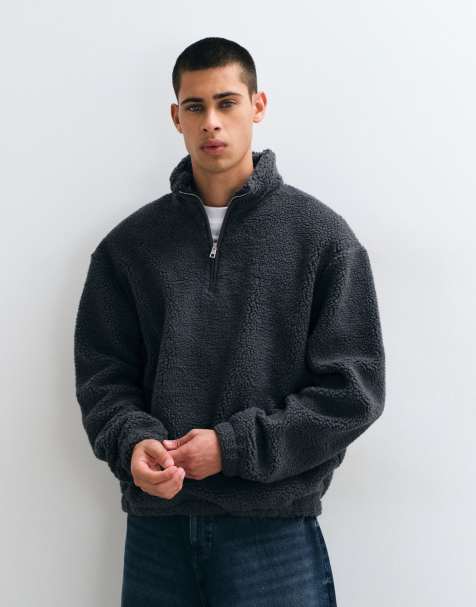 ASOS DESIGN relaxed quarter zip borg fleece in charcoal - view 1