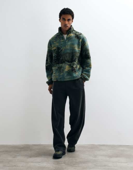 ASOS DESIGN relaxed quarter zip borg fleece with scenic print in green, 2 of 5