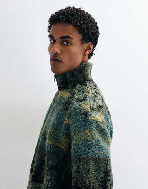 ASOS DESIGN relaxed quarter zip borg fleece with scenic print in green, 3 of 5
