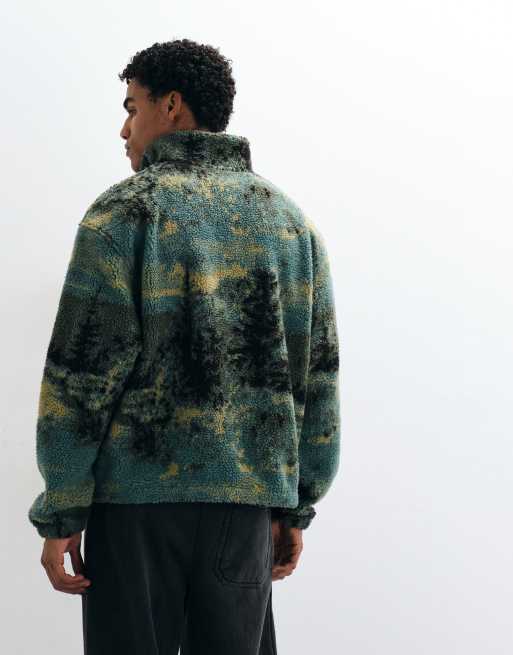 ASOS DESIGN relaxed quarter zip borg fleece with scenic print in green, 4 of 5