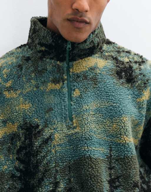 ASOS DESIGN relaxed quarter zip borg fleece with scenic print in green, 5 of 5