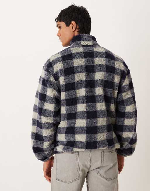 ASOS DESIGN relaxed quarter-zip borg sweatshirt with check print in blue, 3 of 5