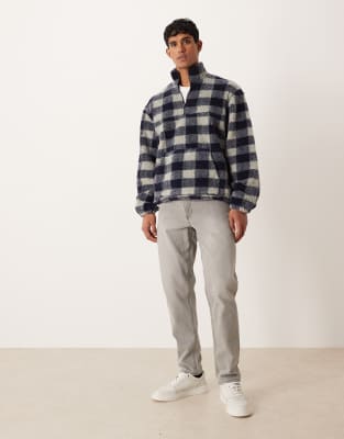 Asos Design Relaxed Quarter Zip Borg Sweatshirt With Plaid Print In Multi