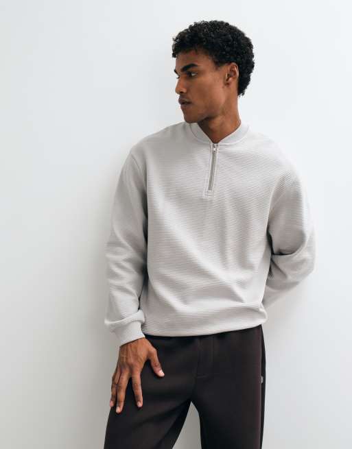 ASOS DESIGN relaxed quarter zip crew neck sweatshirt in ribbed fabric in grey, 4 of 5