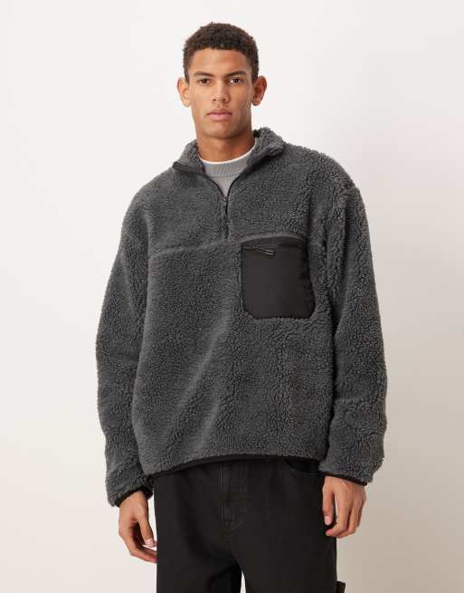 ASOS DESIGN relaxed quarter-zip fleece jumper with pocket in grey