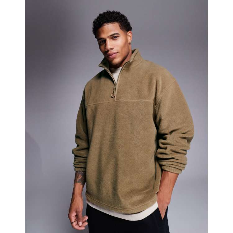 ASOS DESIGN relaxed quarter zip fleece sweatshirt in beige