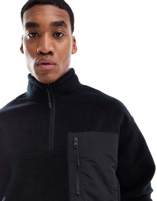 ASOS DESIGN relaxed quarter zip fleece sweatshirt in black with chest pocket - BLACK, 3 of 4