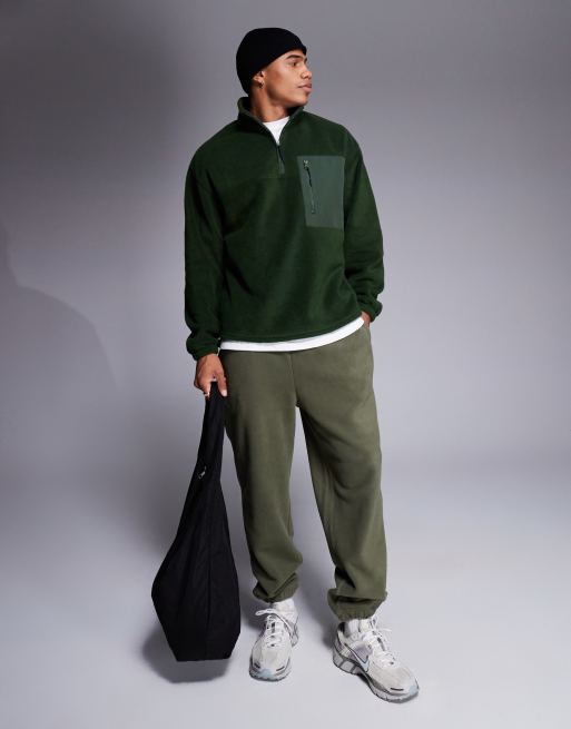 ASOS DESIGN relaxed quarter zip fleece sweatshirt in dark green with chest pocket - DGREEN, 2 of 4